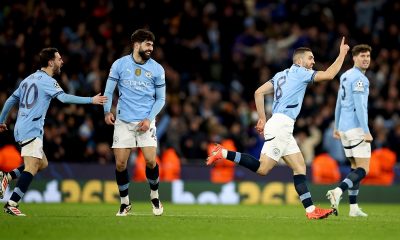 epa11862003 Mateo Kovacic (2R) of Manchester City celebrates after scoring the 1-1 during the UEFA Champions League match between Manchester City and Club Brugge in Manchester, Britain, 29 January 2025.