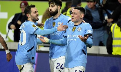 Manchester City's Phil Foden celebrates scoring their side's second goal of the game during the Premier League match at the Gtech Community Stadium, London