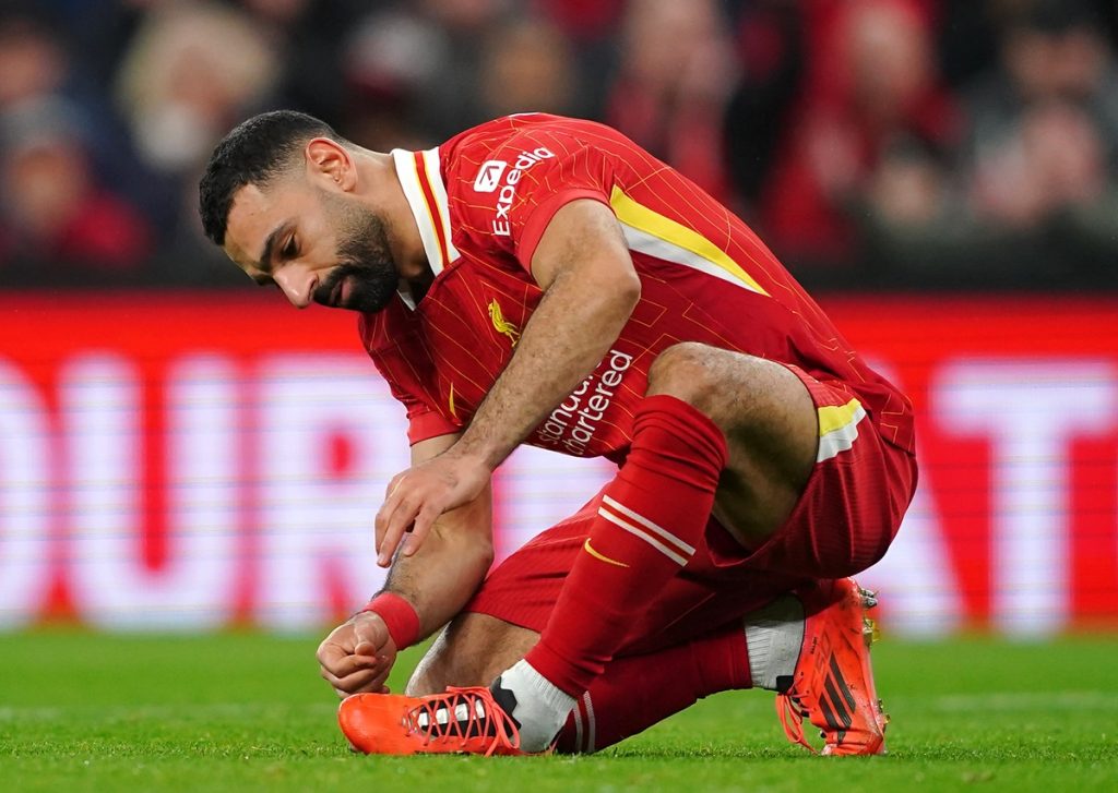 Liverpool's Mohamed Salah reacts during the Premier League match at Anfield, Liverpool.