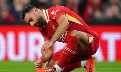 Liverpool's Mohamed Salah reacts during the Premier League match at Anfield, Liverpool.