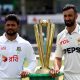 epa11556418 Bangladesh's captain Najmul Hossain Shanto and his Pakistan's counterpart Shan Masood (R) pose with the Test series trophy on the eve of their first Test cricket match at the Rawalpindi Cricket Stadium in Rawalpindi, Pakistan, 20 August 2024. The Pakistan cricket team will face Bangladesh in two test matches from 21 to 25 August in Rawalpindi, and from 30 August to 03 September 2024 in Karachi, as part of the ICC World Test Championship. EPA/SOHAIL SHAHZAD 60597