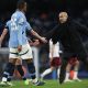 epa11805689 Manchester City manager Pep Guardiola reacts with his player Kevin De Bruyne (L) during the English Premier League match between Manchester City and West Ham United, in Manchester, Britain, 04 January 2025. EPA/ADAM VAUGHAN EDITORIAL USE ONLY. No use with unauthorized audio, video, data, fixture lists, club/league logos, 'live' services or NFTs. Online in-match use limited to 120 images, no video emulation. No use in betting, games or single club/league/player publications.