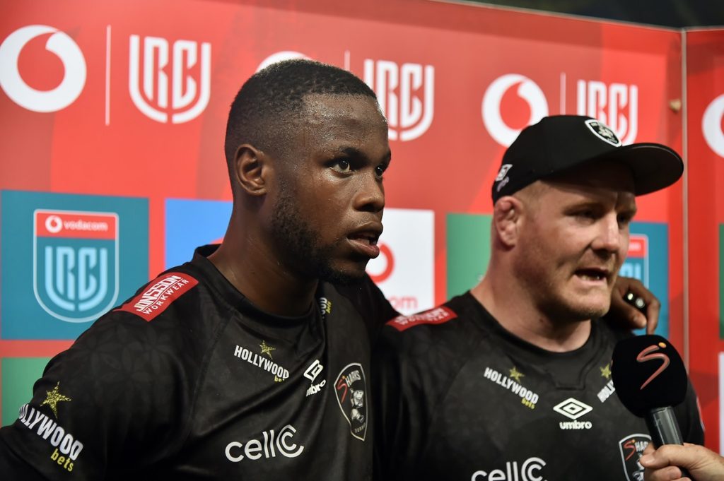 Aphelele Fassi of the Sharks and Vincent Koch of the Sharks during the United Rugby Championship 2024/25 match