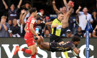 Jurenzo Julies of the Sharks score a try during the Investec European Rugby Championships Cup 2024/25 match between Sharks and Stade Toulousain at Kings Park Stadium in Durban on 11 January 2025