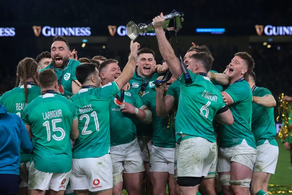 File photo dated 16/03/24 of Ireland players celebrating with the Guinness Six Nations trophy. Ireland are favourites to complete another title success, despite Farrell temporarily handed the reins to defence coach Simon Easterby. Issue date: Friday January 24, 2025.