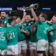 File photo dated 16/03/24 of Ireland players celebrating with the Guinness Six Nations trophy. Ireland are favourites to complete another title success, despite Farrell temporarily handed the reins to defence coach Simon Easterby. Issue date: Friday January 24, 2025.