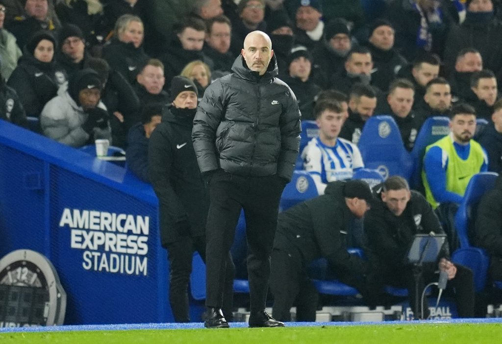 Chelsea manager Enzo Maresca on the touchline during the Premier League match at the American Express Stadium, Brighton. Picture date: Friday February 14, 2025.