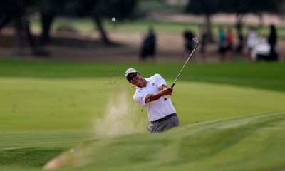 epa11828488 Adam Scott of Australia hits a bunker shot during the first round of the 2025 Dubai Desert Classic golf tournament in Dubai, United Arab Emirates, 16 January 2025. EPA/ALI HAIDER