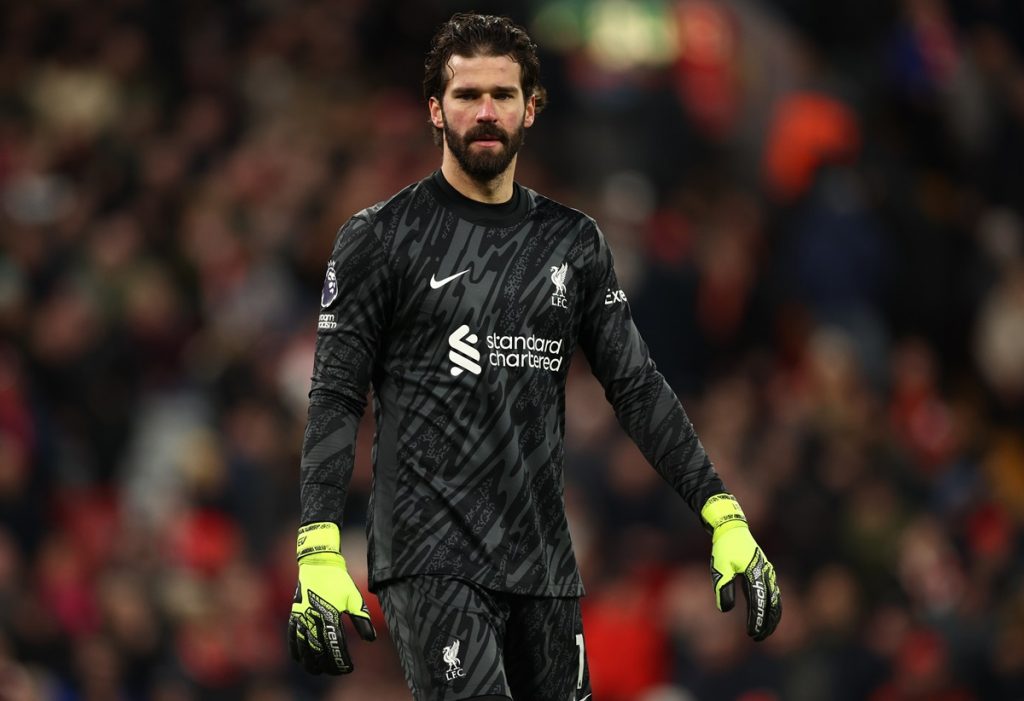 epa11852613 Alisson Becker of Liverpool looks on during the English Premier League match between Liverpool FC and Ipswich Town, in Liverpool, Britain, 25 January 2025. EPA/ADAM VAUGHAN EDITORIAL USE ONLY. No use with unauthorized audio, video, data, fixture lists, club/league logos, 'live' services or NFTs. Online in-match use limited to 120 images, no video emulation. No use in betting, games or single club/league/player publications.