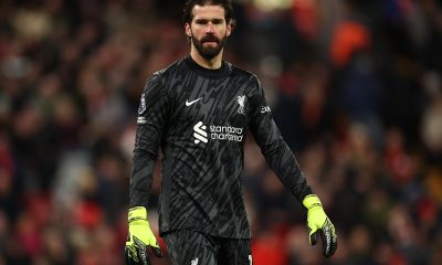 epa11852613 Alisson Becker of Liverpool looks on during the English Premier League match between Liverpool FC and Ipswich Town, in Liverpool, Britain, 25 January 2025. EPA/ADAM VAUGHAN EDITORIAL USE ONLY. No use with unauthorized audio, video, data, fixture lists, club/league logos, 'live' services or NFTs. Online in-match use limited to 120 images, no video emulation. No use in betting, games or single club/league/player publications.