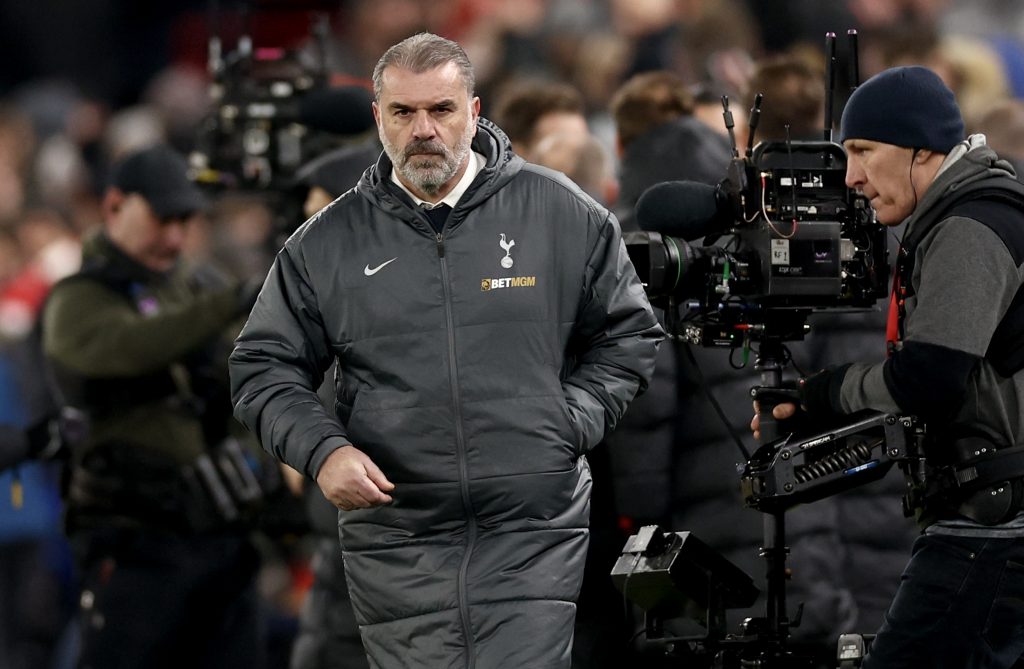 epa11879805 Tottenham's manager Ange Postecoglou walks on the pitch after losing the EFL Cup semi-final 2nd leg match between Liverpool FC and Tottenham Hotspur, in Liverpool, Britain, 06 February 2025. EPA/ADAM VAUGHAN