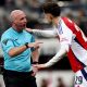 epa11877748 Referee Simon Hooper talks to Kai Havertz of Arsenal looks on during the EFL Cup semi-final 2nd leg match between Newcastle United and Arsenal FC, in Newcastle, Britain, 05 February 2025. EPA/ADAM VAUGHAN