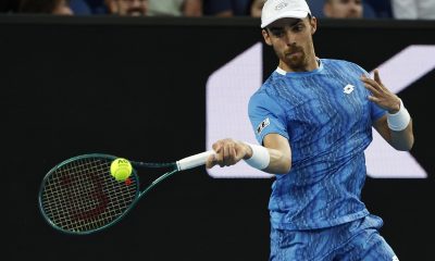 epa11830222 Benjamin Bonzi of France in action during the Men's Singles round 3 match against Jiri Ledecka of Czechia at the Australian Open Grand Slam tennis tournament in Melbourne, Australia, 17 January 2025. EPA/ROLEX DELA PENA