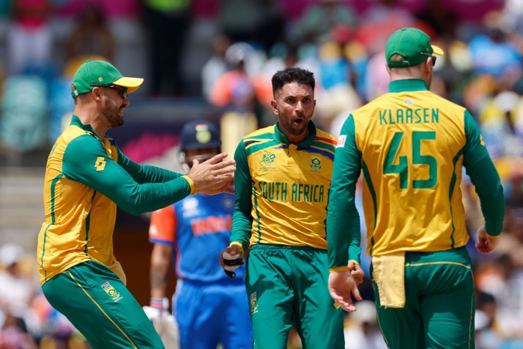 Mandatory Credit: Photo by Deepak Malik/Shutterstock (14562735r) South Africa Keshav Maharaj celebrates the wicket of India's Rishabh Pant during the ICC Men's T20 World Cup 2024 - Final match between South Africa and India held at the Kensington Oval, Bridgetown, Barbados on the 29th June, 2024. South Africa v India, ICC Men's T20 World Cup Final, Kensington Oval, Bridgetown, Barbados - 29 Jun 2024