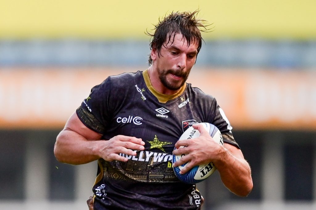 ​Eben Etzebeth (Captain) of Hollywoodbets Sharks takes the ball from the kick off during the Champions Cup 2024/25 rugby game between the Sharks and Exeter Chiefs at Kings Park in Durban on 7 December 2024 © Gerhard Duraan/BackpagePix