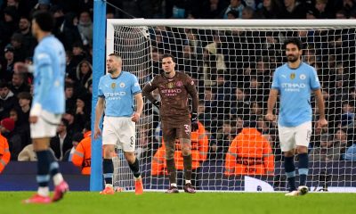 Manchester City goalkeeper Ederson and team-mates react after they concede a second goal during the UEFA Champions League Knockout Phase Play Offs, first leg match at the Etihad Stadium, Manchester. Picture date: Tuesday February 11, 2025.