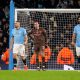 Manchester City goalkeeper Ederson and team-mates react after they concede a second goal during the UEFA Champions League Knockout Phase Play Offs, first leg match at the Etihad Stadium, Manchester. Picture date: Tuesday February 11, 2025.