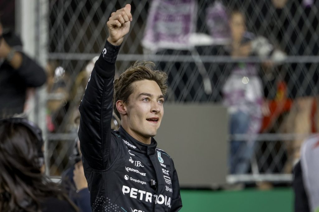 epa11737656 Mercedes driver George Russell of Britain reacts after winning the Formula One Las Vegas Grand Prix at the Las Vegas Strip Circuit in Las Vegas, Nevada, USA, 23 November 2024. EPA/SHAWN THEW