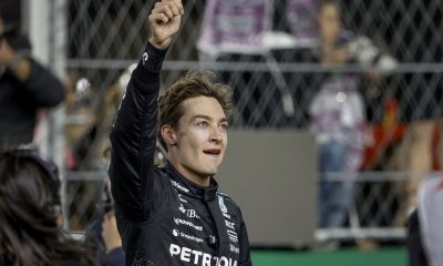 epa11737656 Mercedes driver George Russell of Britain reacts after winning the Formula One Las Vegas Grand Prix at the Las Vegas Strip Circuit in Las Vegas, Nevada, USA, 23 November 2024. EPA/SHAWN THEW