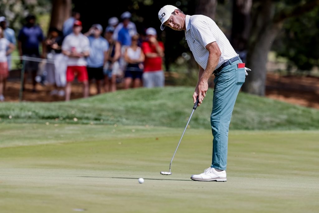 epa11224773 Harris English of the US putts on the third hole during the third round of The Players Championship golf tournament in Ponte Vedra Beach, Florida, USA, 16 March 2024. EPA/ERIK S. LESSER