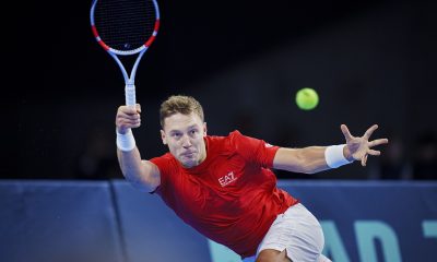 epa11866833 Hamad Medjedovic of Serbia in action during his singles match against Holger Rune of Denmark for the Davis Cup qualifiers tie between Denmark and Serbia, Copenhagen, Denmark, 31 January 2025. EPA/Liselotte Sabroe DENMARK OUT