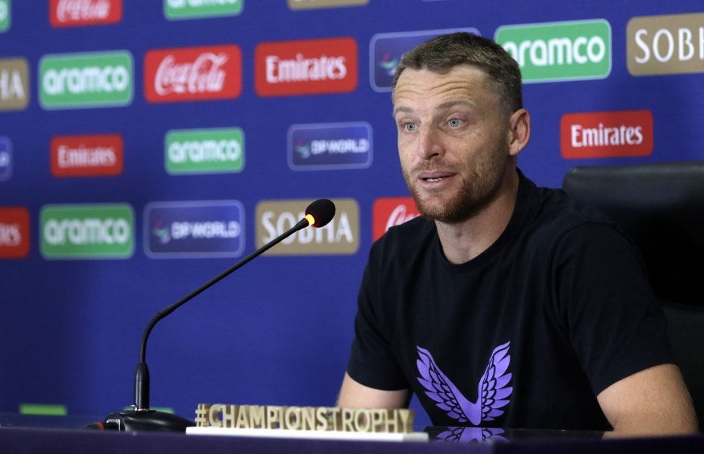 epa11912603 England's captain Jos Buttler attends a press conference on the eve of the ICC Champions Trophy one-day international (ODI) cricket match against Australia, in Lahore, Pakistan, 21 February 2025. EPA/RAHAT DAR