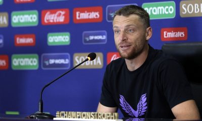 epa11912603 England's captain Jos Buttler attends a press conference on the eve of the ICC Champions Trophy one-day international (ODI) cricket match against Australia, in Lahore, Pakistan, 21 February 2025. EPA/RAHAT DAR