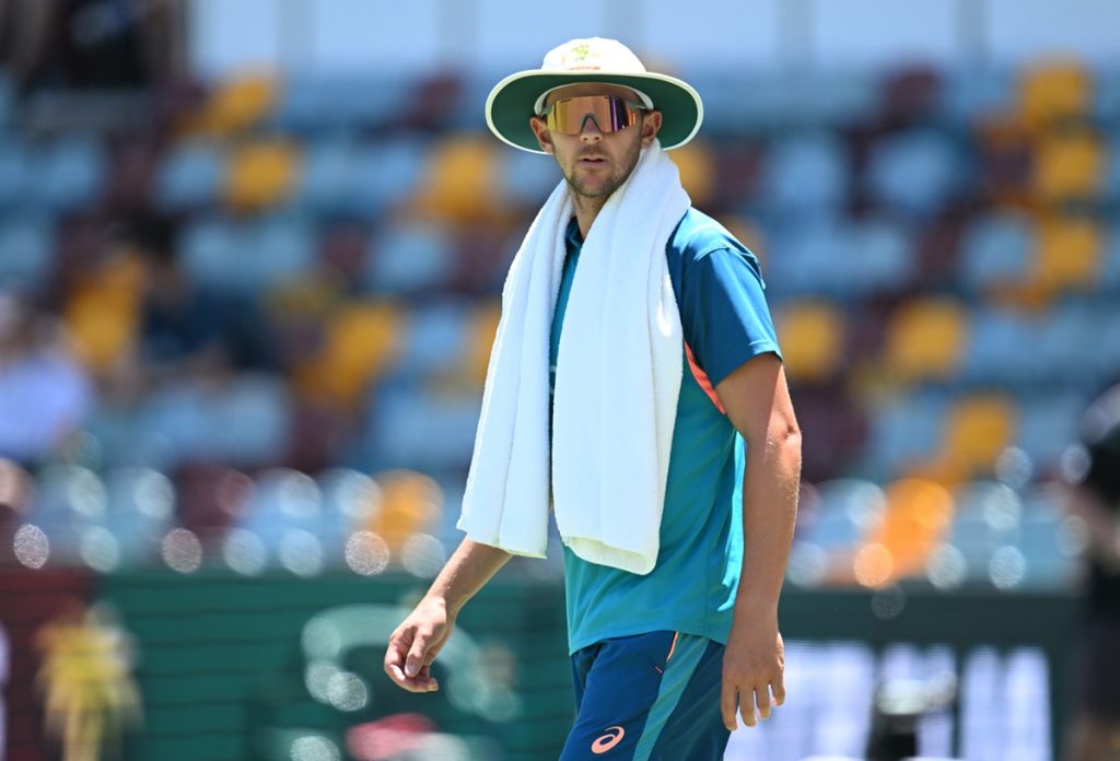 epa11102465 Josh Hazlewood of Australia looks on before play on Day 1 of the Second Test between Australia and the West Indies at the Gabba in Brisbane, Australia 25 January 2024. EPA/DARREN ENGLAND EDITORIAL USE ONLY, IMAGES TO BE USED FOR NEWS REPORTING PURPOSES ONLY, NO COMMERCIAL USE WHATSOEVER, NO USE IN BOOKS WITHOUT PRIOR WRITTEN CONSENT FROM AAP AUSTRALIA AND NEW ZEALAND OUT