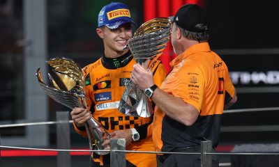 epa11764934 McLaren Racing CEO Zak Brown and his driver Lando Norris of Britain celebrate on the podium after the Formula One Abu Dhabi Grand Prix, at the Yas Marina Circuit racetrack in Abu Dhabi, United Arab Emirates, 08 December 2024. EPA/ALI HAIDER