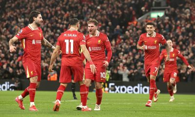 epa11926780 Alexis Mac Allister (C) of Liverpool celebrates with teammates after scoring his team's second goal during the English Premier League match between Liverpool FC and Newcastle United, in Liverpool, Britain, 26 February 2025. EPA/ADAM VAUGHAN EDITORIAL USE ONLY. No use with unauthorized audio, video, data, fixture lists, club/league logos, 'live' services or NFTs. Online in-match use limited to 120 images, no video emulation. No use in betting, games or single club/league/player publications.