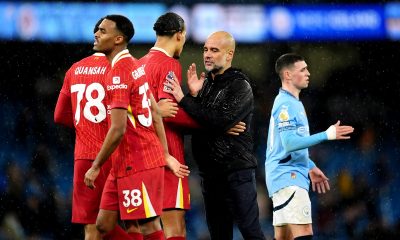 Manchester City manager Pep Guardiola (centre) with Liverpool's Virgil van Dijk after the end of the match following the Premier League match at the Etihad Stadium, Manchester. Picture date: Sunday February 23, 2025.