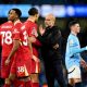 Manchester City manager Pep Guardiola (centre) with Liverpool's Virgil van Dijk after the end of the match following the Premier League match at the Etihad Stadium, Manchester. Picture date: Sunday February 23, 2025.