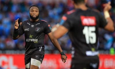 Lukhanyo Am of the Sharks reacts during the United Rugby Championship 2024/25 match between Bulls and Sharks at Loftus Versfeld Stadium in Pretoria on the 15 February 2025 © Samuel Shivambu/BackpagePix