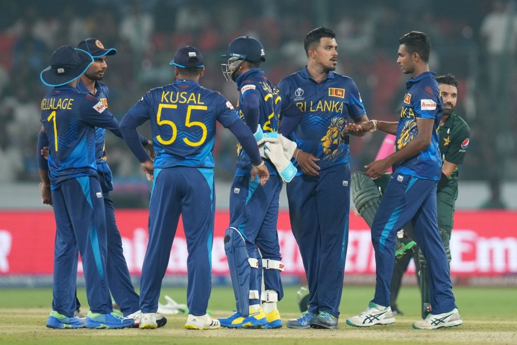 Mandatory Credit: Photo by Faheim Husain/Shutterstock (14142594ep) Sri Lanka's Maheesh Theekshana celebrates the wicket of Pakistan's Saud Shakeel Pakistan v Sri Lanka, ICC Men's Cricket World Cup, International Cricket ODI, Rajiv Gandhi International Stadium, Hyderabad, India - 10 Oct 2023