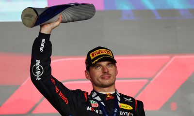 epa11752168 Red Bull Racing driver Max Verstappen of Netherlands celebrates with trophy on the podium after winning the Formula 1 Qatar Grand Prix at the Lusail International Circuit racetrack in Lusail, Qatar, 01 December 2024. EPA/ALI HAIDER