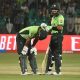 epa11907724 Pakistan's Fakhar Zaman (L) and Babar Azam in action during the ICC men's champion trophy match against New Zealand, at national stadium in Karachi, Pakistan, 19 February 2025. EPA/SHAHZAIB AKBER