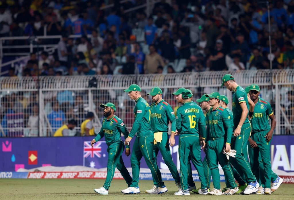 Mandatory Credit: Photo by Deepak Malik/Shutterstock (14208104bu) South Africa's captain Temba Bavuma with teammates South Africa v Australia, ICC Men's Cricket World Cup, Semi Final, International Cricket ODI, Pankaj Nangia, India - 16 Nov 2023