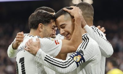 epa11836814 Real Madrid's Brahim Diaz (L) celebrates with teammate Lucas Vazquez (R) after scoring the 2-1 goal during the Spanish LaLiga soccer match between Real Madrid and UD Las Palmas, in Madrid, Spain, 19 January 2025. EPA/SERGIO PEREZ