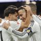 epa11836814 Real Madrid's Brahim Diaz (L) celebrates with teammate Lucas Vazquez (R) after scoring the 2-1 goal during the Spanish LaLiga soccer match between Real Madrid and UD Las Palmas, in Madrid, Spain, 19 January 2025. EPA/SERGIO PEREZ