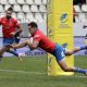 epa11711883 Chile's Benjamin Videla (C), assisted by his colleague Nicola Garafulic (R), scores a try against Canada during the World Rugby test match between Canada and Chile in Bucharest, Romania, 09 November 2024. Chile defeated Canada with a final score of 44 -14. EPA/ROBERT GHEMENT