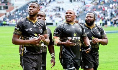 Aphelele Fassi of Hollywoodbets Sharks (L), Trevor Nyakane of Hollywoodbets Sharks (behind), Bongi Mbonambi of Hollywoodbets Sharks (2nd from R) and Ox Nche of Hollywoodbets Sharks (R) during the Champions Cup 2024/25 rugby game between the Sharks and Exeter Chiefs at Kings Park in Durban on 7 December 2024 © Gerhard Duraan/BackpagePix