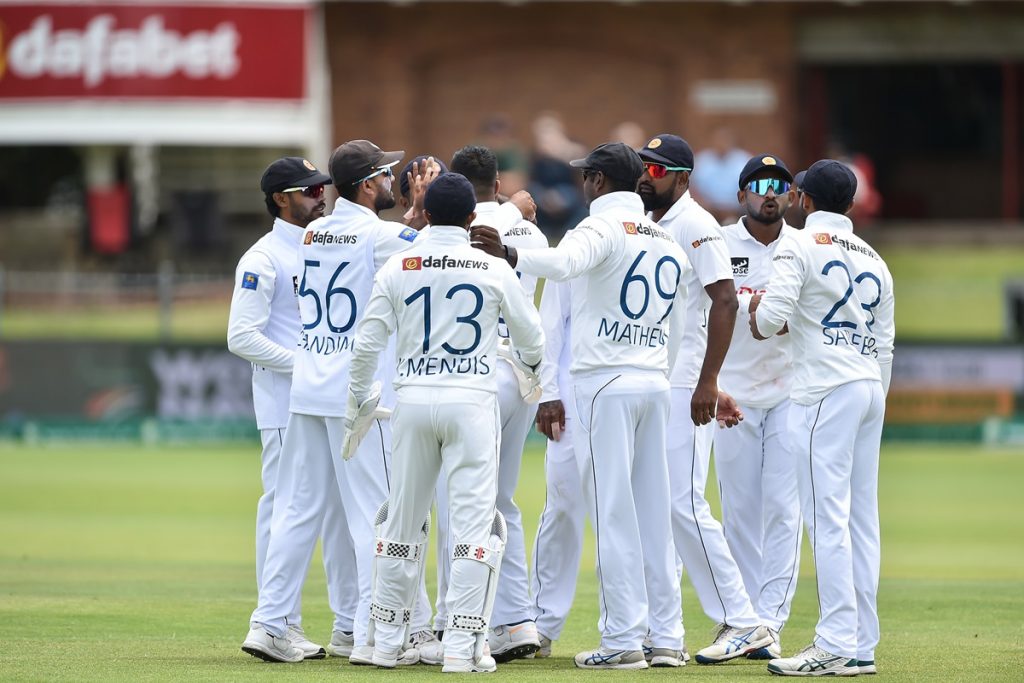 Lahiru Kumara of Sri Lanka celebrates 100th wicket during the International Test Series 2024/25 1st Test Day 4 match between South Africa and Sri Lanka at Dafabets St George’s Park in Gqebherha on 5 December 2024 ©Nokwanda Zondi/BackpagePix