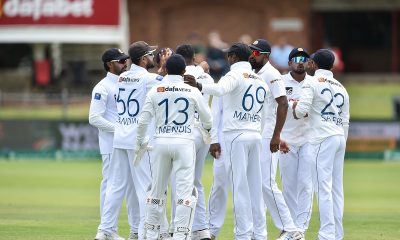 Lahiru Kumara of Sri Lanka celebrates 100th wicket during the International Test Series 2024/25 1st Test Day 4 match between South Africa and Sri Lanka at Dafabets St George’s Park in Gqebherha on 5 December 2024 ©Nokwanda Zondi/BackpagePix