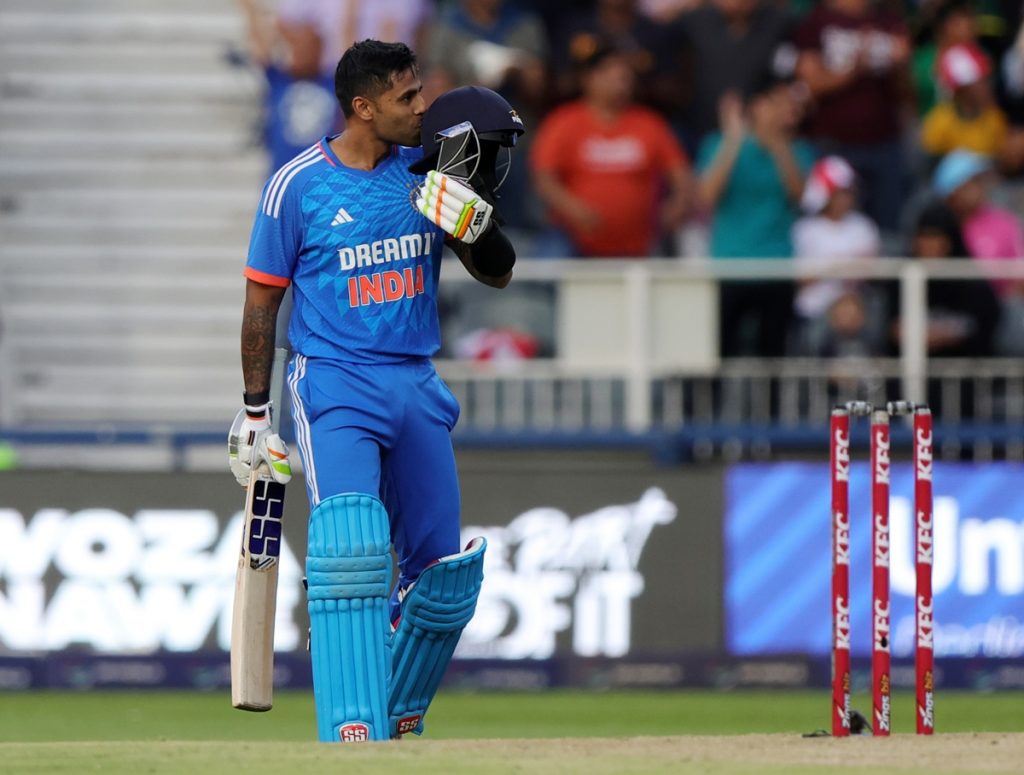 Suryakumar Yadav of India celebrates his 100 runs during the 023 T20 International Series match between South Africa and India at Wanderers Stadium in Johannesburg on 14 December 2023 ©Samuel Shivambu/BackpagePix