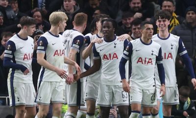 epa11865104 Damola Ajayi of Tottenham Hotspur (C-R) celebrates with team mates after scoring the 2-0 goal during the UEFA Europa League match between Tottenham Hotspur and IF Elfsborg, in London, Britain, 30 January 2025. EPA/NEIL HALL