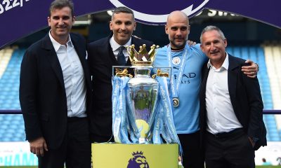 epa10644845 (L-R) Manchester City CEO Ferran Soriano, Manchester City chairman Khaldoon Al Mubarak, Manchester City manager Pep Guardiola and Manchester City director of football Txiki Begiristain pose with the English Premier League trophy after the English Premier League match between Manchester City and Chelsea FC in Manchester, Britain, 21 May 2023. EPA/PETER POWELL EDITORIAL USE ONLY. No use with unauthorized audio, video, data, fixture lists, club/league logos or 'live' services. Online in-match use limited to 120 images, no video emulation. No use in betting, games or single club/league/player publications.