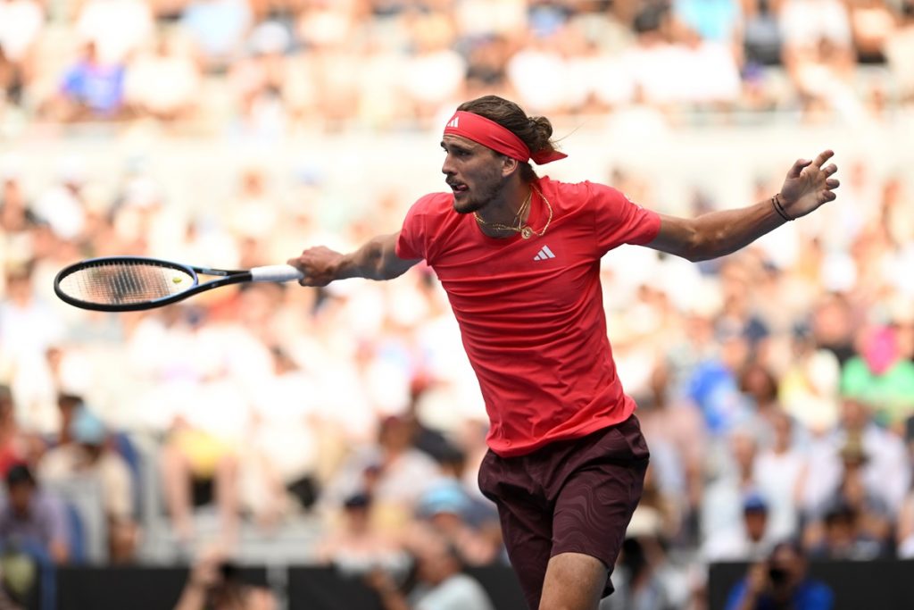 epa11835464 Alexander Zverev of Germany in action during his round four match against Ugo Humbert of France during the 2025 Australian Open at Melbourne Park in Melbourne, Australia, 19 January 2025. EPA/LUKAS COCH AUSTRALIA AND NEW ZEALAND OUT