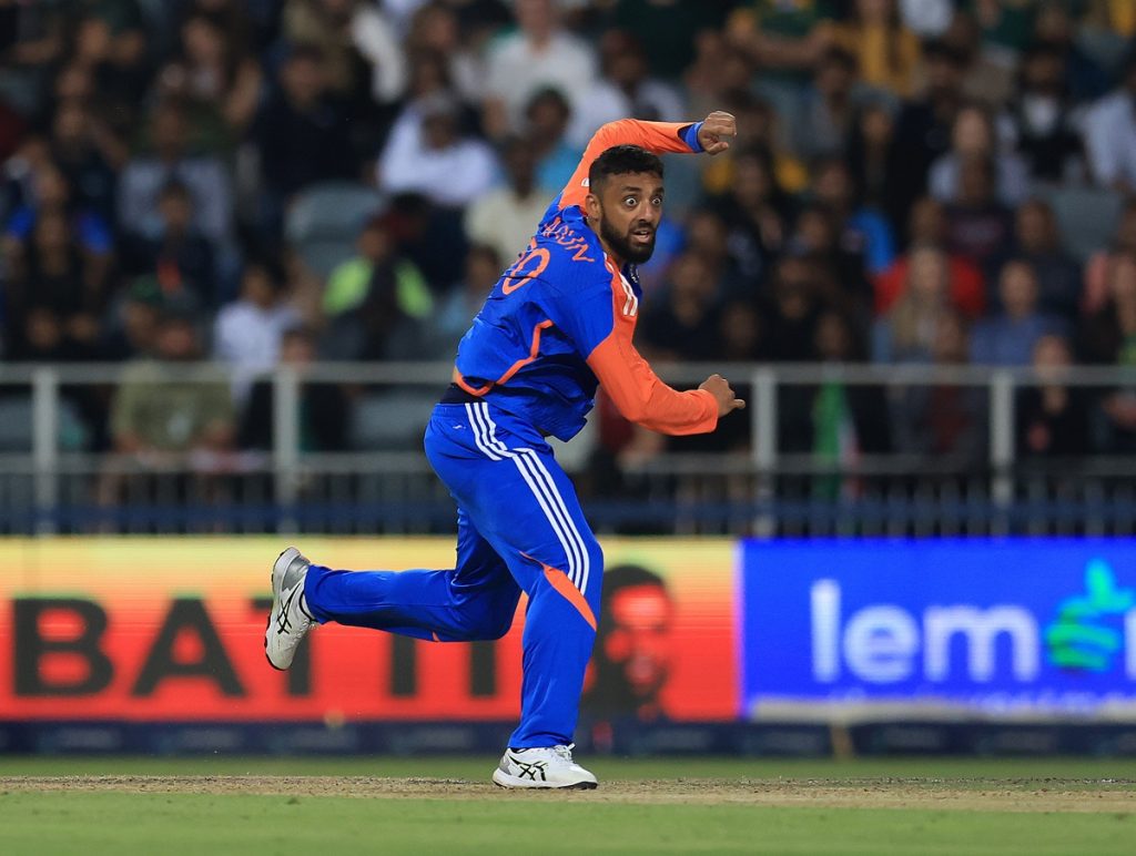 Varun Chakravarthy Vinod of India bowls during the International T20 Series match between South Africa and India at Wanderers Stadium in Johannesburg on 15 November 2024 ©Samuel Shivambu/BackpagePix