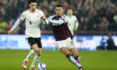 epa11908426 Morgan Rogers (R) of Aston Villa in action against Curtis Jones of Liverpool during the English Premier League match between Aston Villa and Liverpool FC, in Birmingham, Britain, 19 February 2025. EPA/TIM KEETON EDITORIAL USE ONLY. No use with unauthorized audio, video, data, fixture lists, club/league logos, 'live' services or NFTs. Online in-match use limited to 120 images, no video emulation. No use in betting, games or single club/league/player publications.