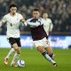 epa11908426 Morgan Rogers (R) of Aston Villa in action against Curtis Jones of Liverpool during the English Premier League match between Aston Villa and Liverpool FC, in Birmingham, Britain, 19 February 2025. EPA/TIM KEETON EDITORIAL USE ONLY. No use with unauthorized audio, video, data, fixture lists, club/league logos, 'live' services or NFTs. Online in-match use limited to 120 images, no video emulation. No use in betting, games or single club/league/player publications.